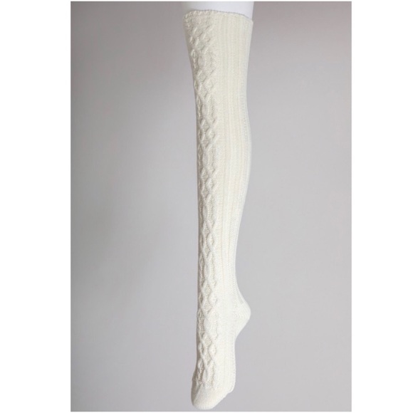 1 LEFT! Ivory Cable Knit Above Knee Long Warm Winter Essential Stay Home Socks - Picture 3 of 3